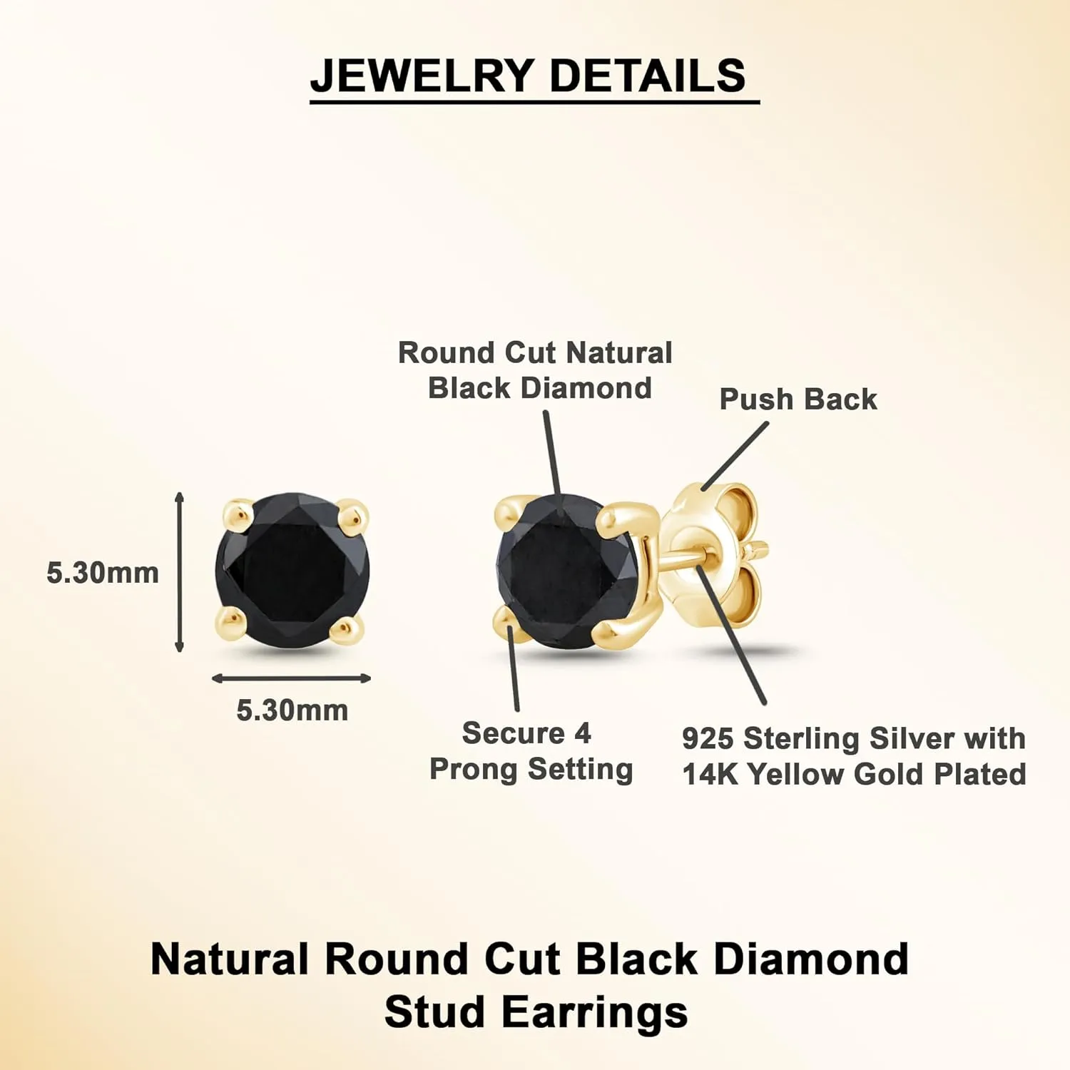 0.30 to 2.00 Ct Round Cut Black Diamond Stud Earrings for Women's Gift | 4 Prong Set Push Back Solitaire Stud | 14K White or Yellow Gold Plated | 925 Sterling Silver Earrings for Men's