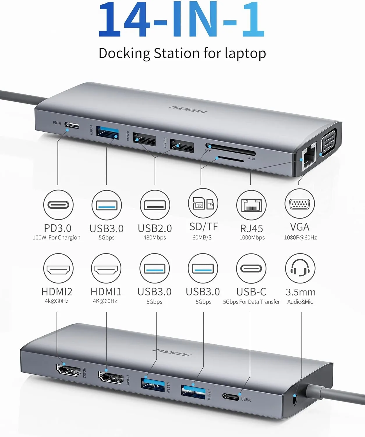 14-in-1 USB C Docking Station Dual HDMI 4K@60Hz, 100W PD/VGA/USB3.0&2.0/RJ45/SD Reader, Aluminum Cooling Hub for Home Office & Gaming, Compatible MacBook Pro/M1/M2/Dell/HP