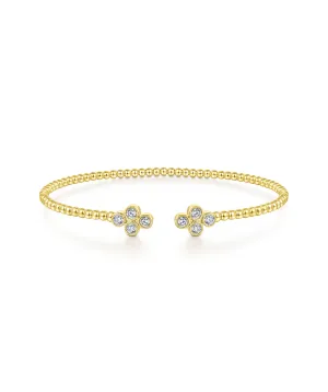 14K Yellow Gold Bujukan Bead Split Cuff Bracelet with Quatrefoil Diamond Endcaps