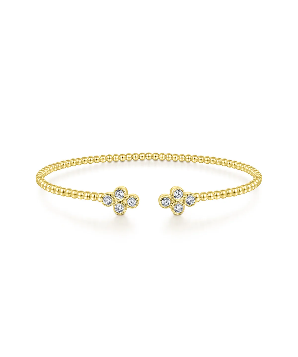 14K Yellow Gold Bujukan Bead Split Cuff Bracelet with Quatrefoil Diamond Endcaps