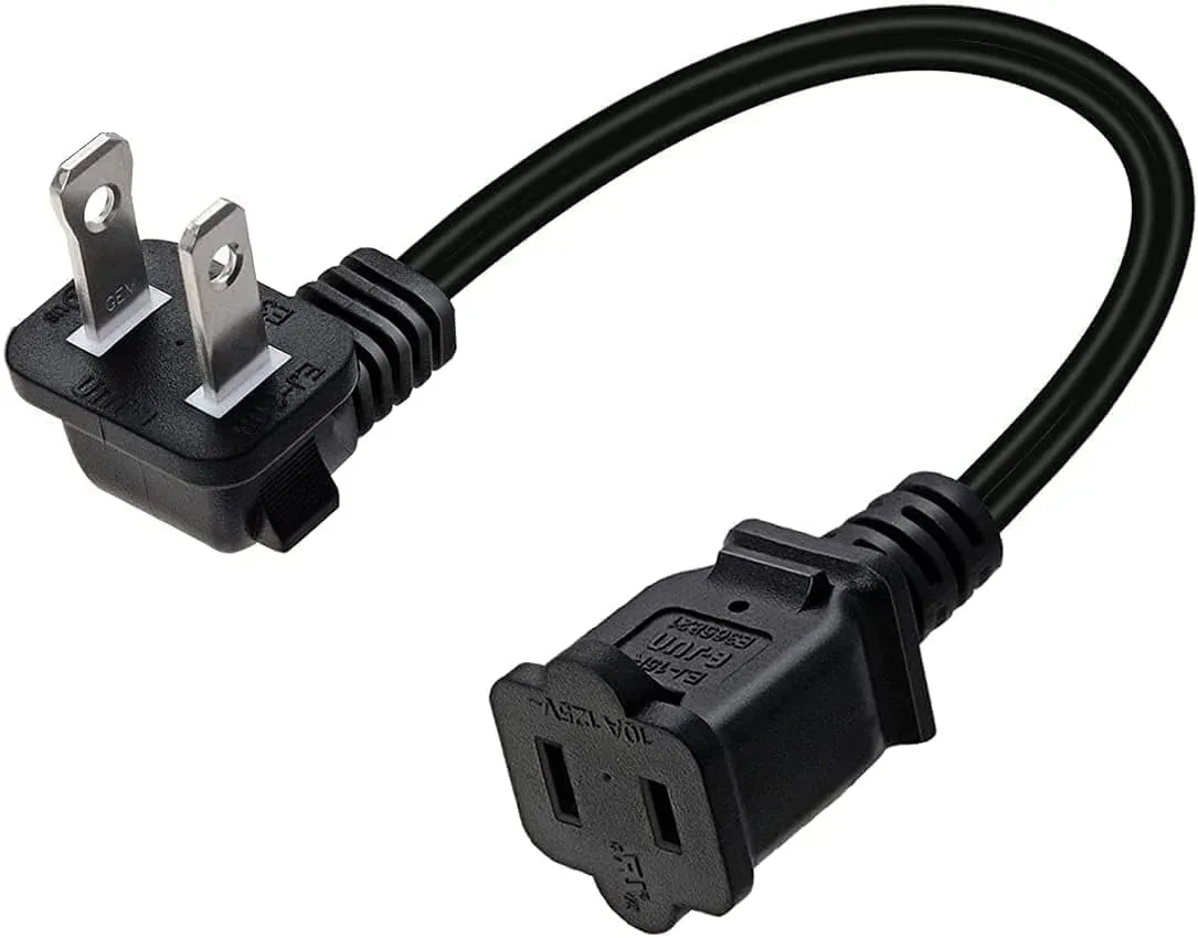 1ft Toptekits 90 Degree Angled Polarized US 2-Prong Male-Female Extension Power Cord, Elbow NEMA 1-15P to 1-15R Cable Polarized,USA Outlet Saver Power Extension Cord Cable (Polarized Angled Black)