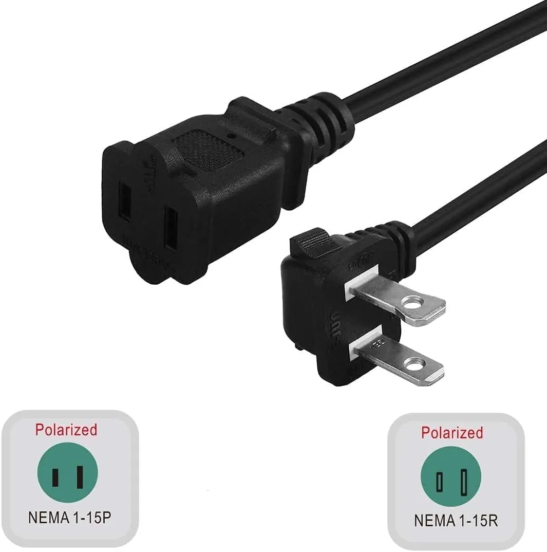 1ft Toptekits 90 Degree Angled Polarized US 2-Prong Male-Female Extension Power Cord, Elbow NEMA 1-15P to 1-15R Cable Polarized,USA Outlet Saver Power Extension Cord Cable (Polarized Angled Black)