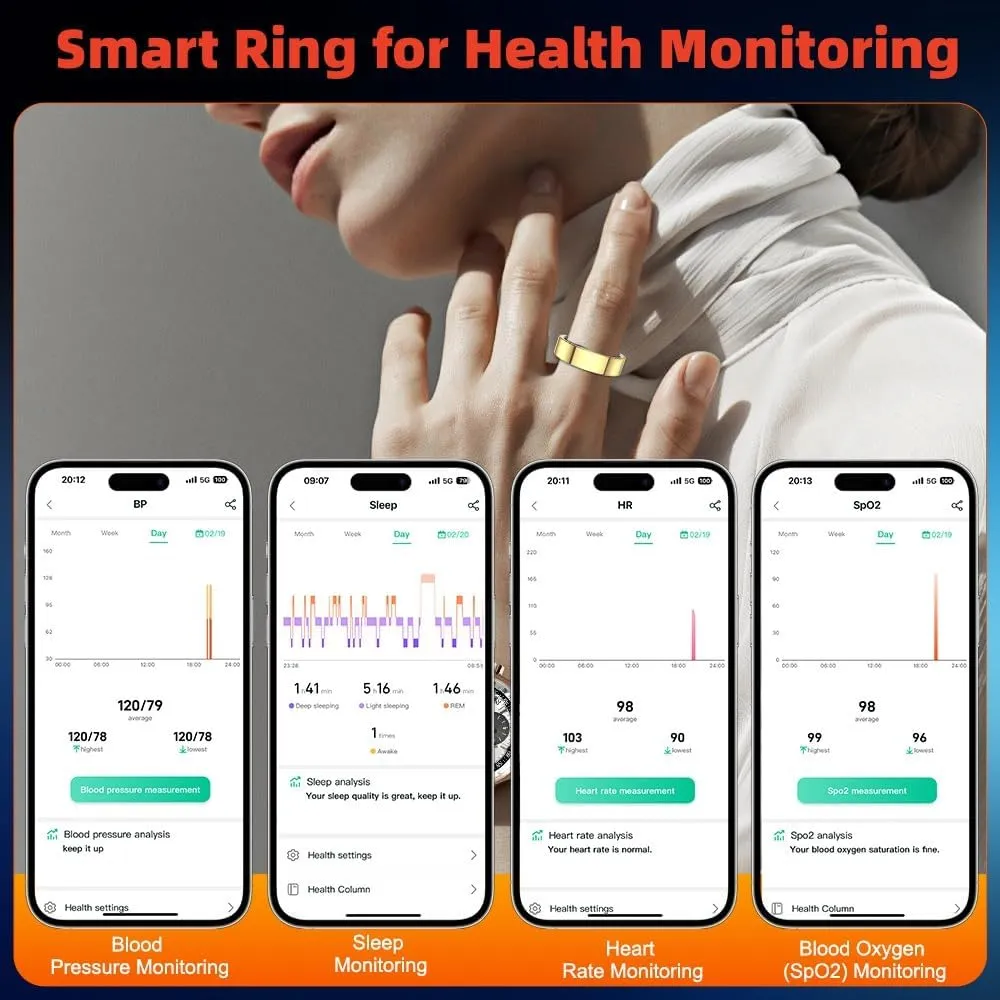 2025 Smart Ring Health Tracker with Blood Pressure Monitor, IP68 Waterproof Health Ring for Blood Oxygen Heart Rate SpO2 Sleep Monitor, Bluetooth Connect Fitness Ring for Multi-Sports Tracking