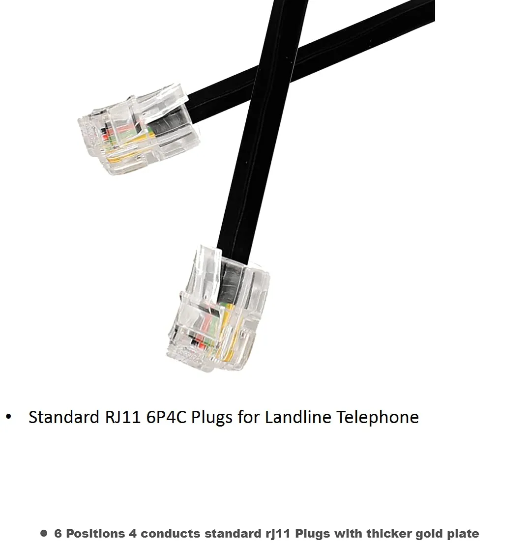 20ft Phone Telephone Extension Cord Cable Line Wire with Standard RJ11 6P4C Plugs for Landline Telephone, (6M-Black-2Pack)