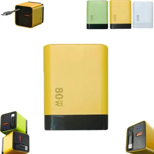 3 in 1 Gan Charger, Retractable Phone Charger Wall Plug with Scalable 80w Max Fast Charging Module, Type C Cable and 2 USB Ports for iPhone, Phone, Laptops (Yellow)