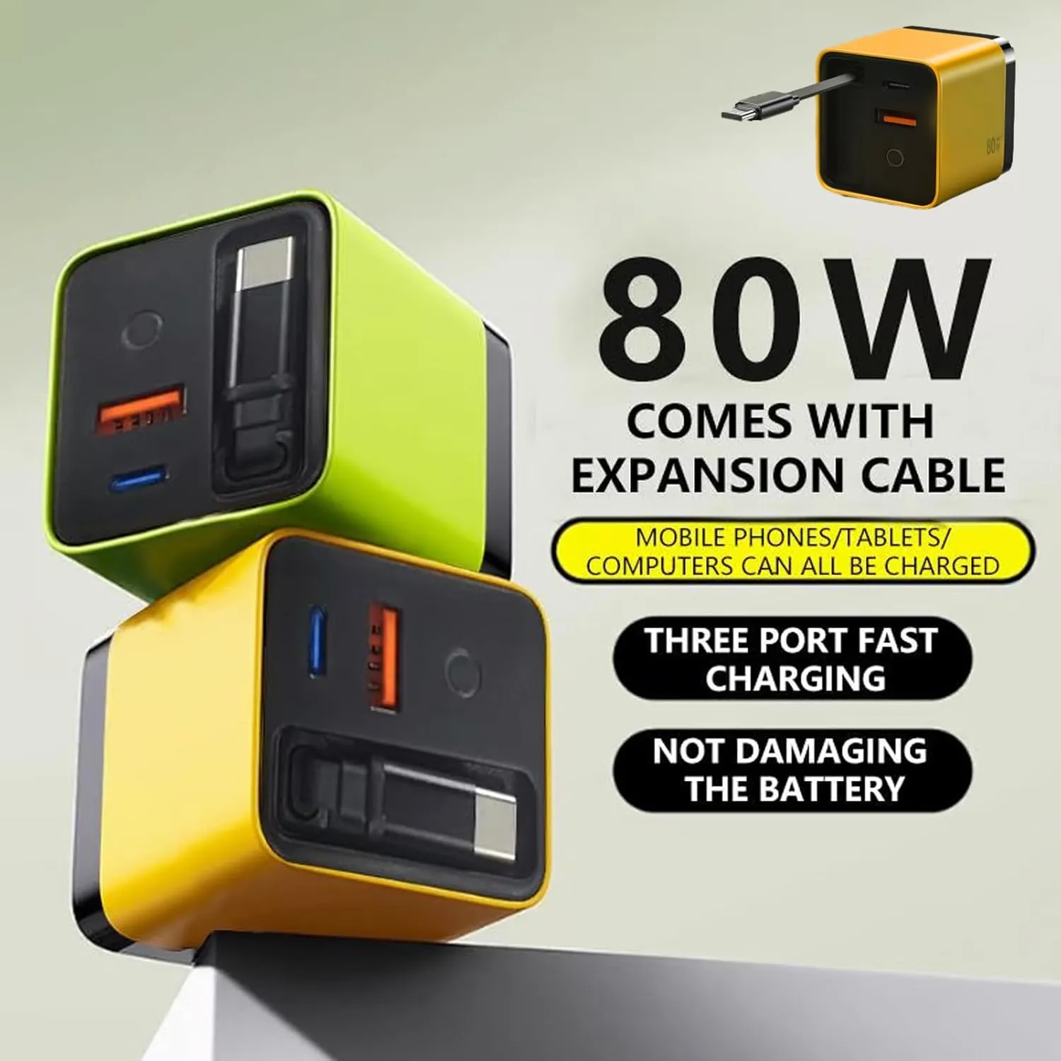 3 in 1 Gan Charger, Retractable Phone Charger Wall Plug with Scalable 80w Max Fast Charging Module, Type C Cable and 2 USB Ports for iPhone, Phone, Laptops (Yellow)