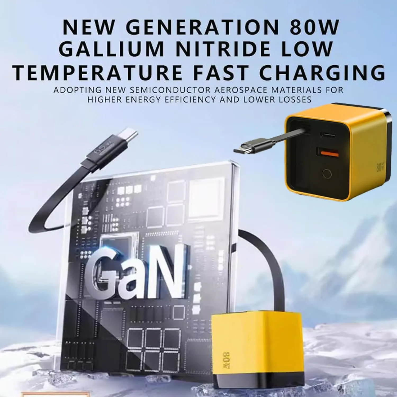 3 in 1 Gan Charger, Retractable Phone Charger Wall Plug with Scalable 80w Max Fast Charging Module, Type C Cable and 2 USB Ports for iPhone, Phone, Laptops (Yellow)