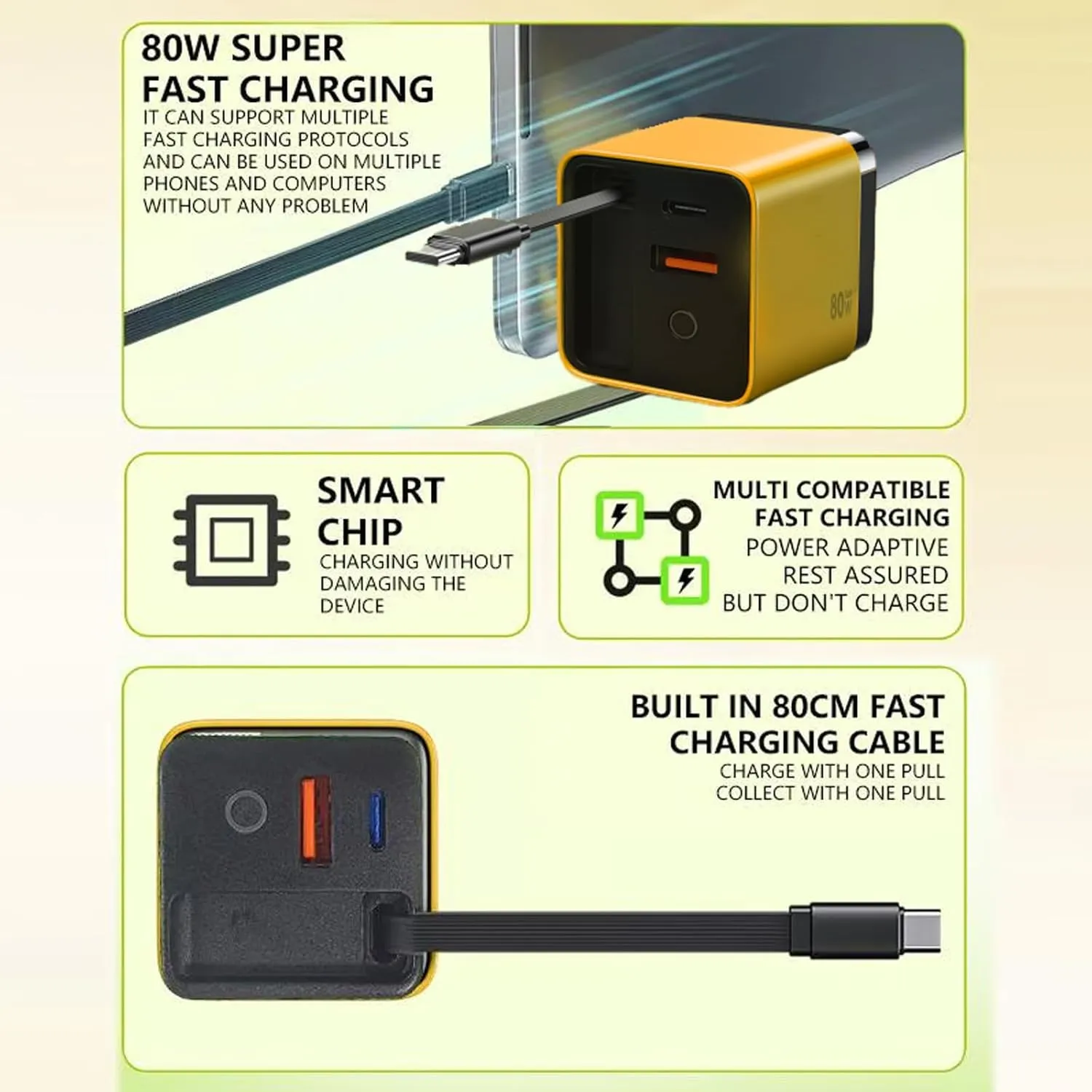 3 in 1 Gan Charger, Retractable Phone Charger Wall Plug with Scalable 80w Max Fast Charging Module, Type C Cable and 2 USB Ports for iPhone, Phone, Laptops (Yellow)