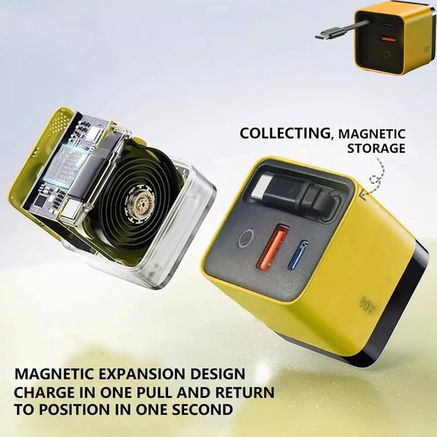 3 in 1 Gan Charger, Retractable Phone Charger Wall Plug with Scalable 80w Max Fast Charging Module, Type C Cable and 2 USB Ports for iPhone, Phone, Laptops (Yellow)