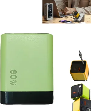 3 in 1 GaN Charger,Scalable 80W MAX Fast Charger Module with Type-C Cable and 2 USB Ports, Philosophyw 3 in 1 GaN Charger for iPhone, Phone and Laptops (Green)