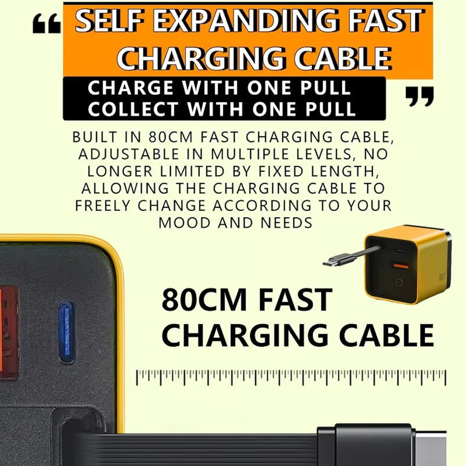 3 in 1 GaN Charger,Scalable 80W MAX Fast Charger Module with Type-C Cable and 2 USB Ports, Philosophyw 3 in 1 GaN Charger for iPhone, Phone and Laptops (Green)
