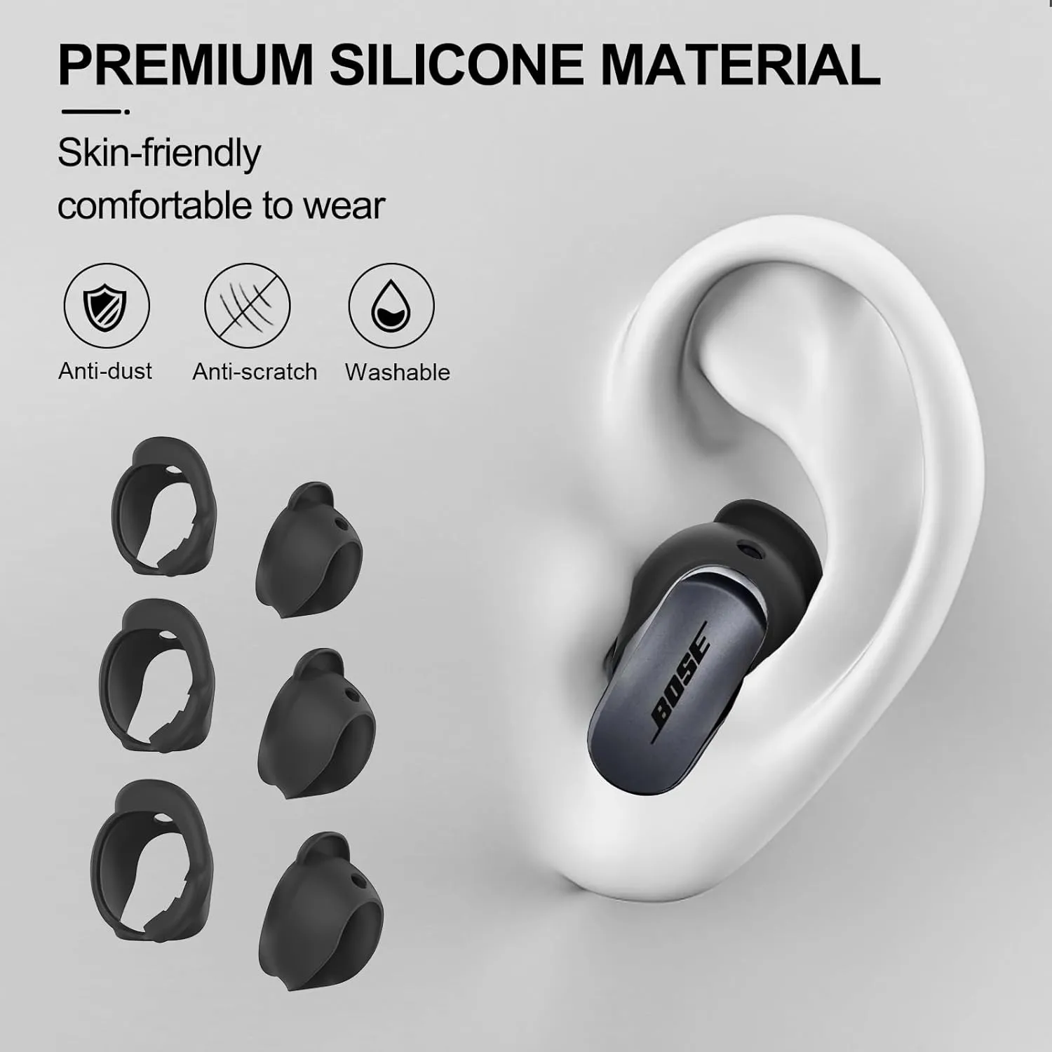 [3 Pairs] Ear Tips Cover for Bose QuietComfort Earbuds II (2022) &Bose QuietComfort Ultra Earbuds (2023), Silicone Sport Ear Hook Cover, Anti-Slip Replacement Eartip Accessories (S,M,L) (Black)