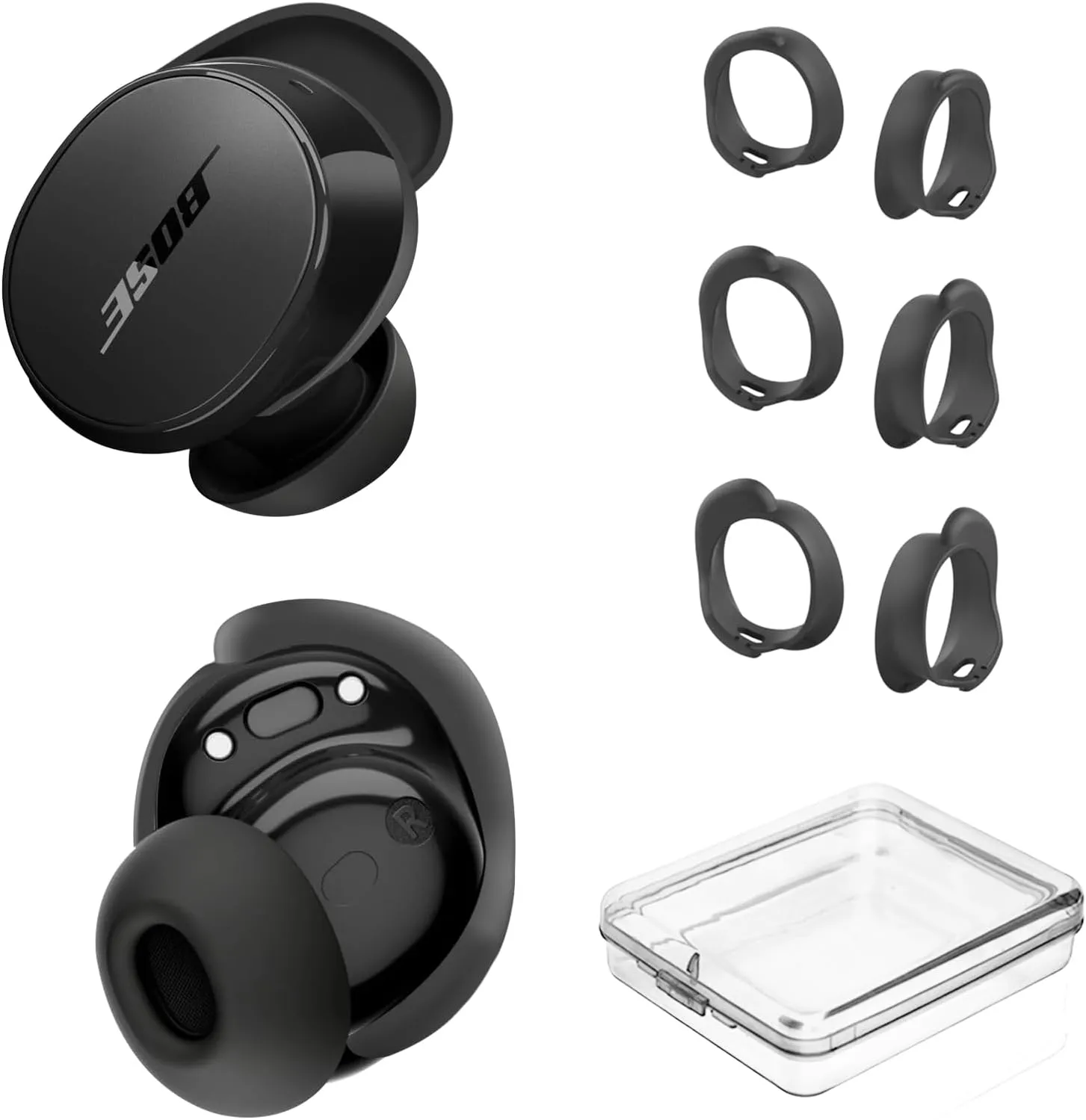 [3 Pairs] Ear Tips Covers for Bose New QuietComfort Earbuds (2024), Silicone Sport Ear Hook Cover Accessories for Bose New QC Earbuds, Anti-Slip Replacement Eartip Fit Kit (S,M,L) (Black)