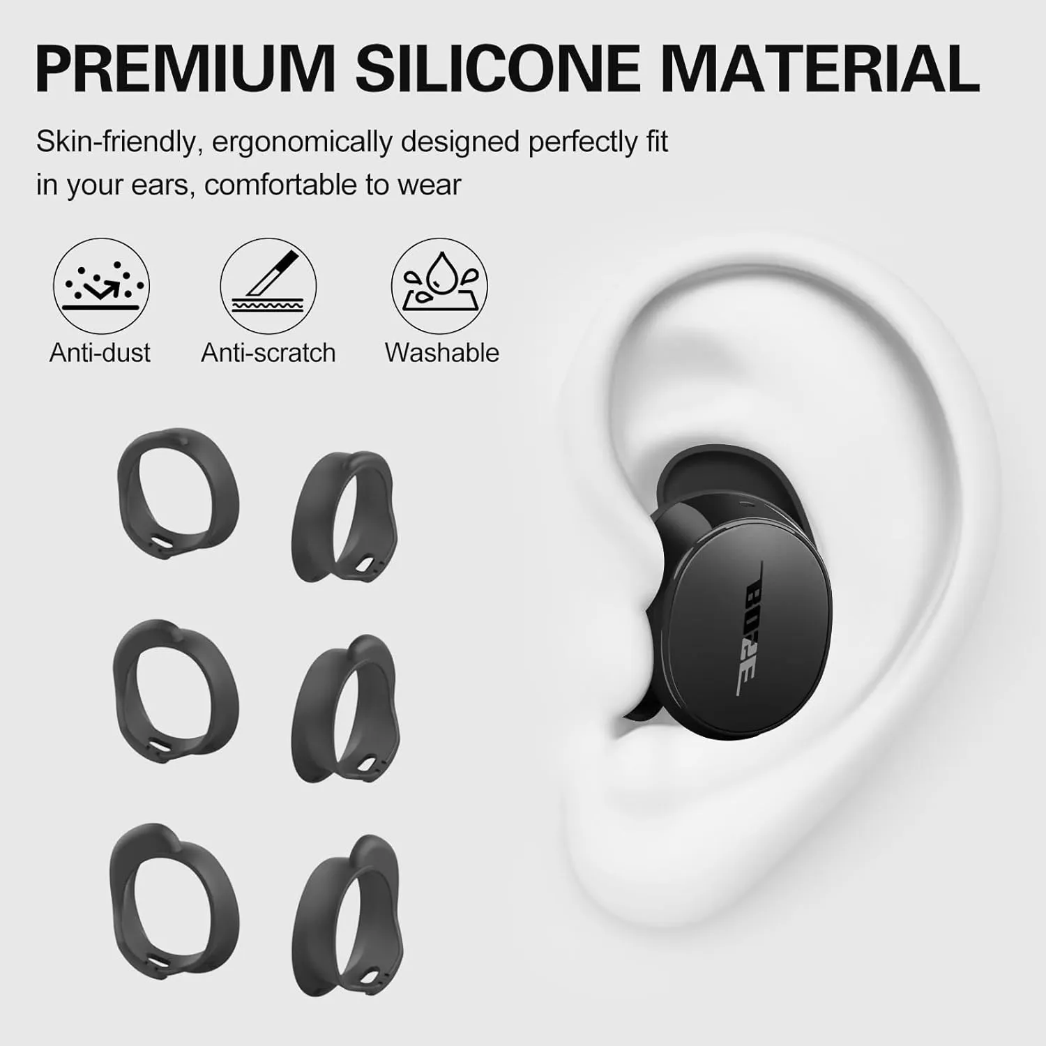 [3 Pairs] Ear Tips Covers for Bose New QuietComfort Earbuds (2024), Silicone Sport Ear Hook Cover Accessories for Bose New QC Earbuds, Anti-Slip Replacement Eartip Fit Kit (S,M,L) (Black)