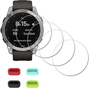 [4 Pack] Screen Protector for Garmin Fenix 7 / fenix 7 Sapphire Solar Watch   Silicone Anti-dust Plugs Tempered Glass Anti-Scratch