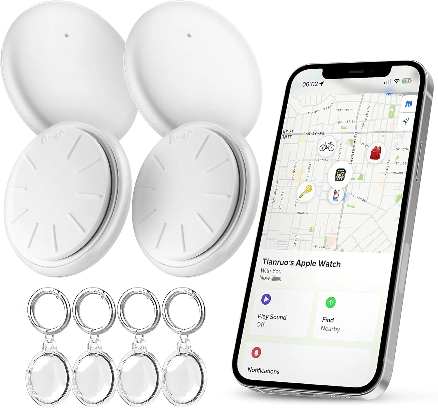 4 Pack Smart Bluetooth Trackers with Apple Find My (iOS Only), Lightweight Tag Item Finders with Waterproof Keychain for Backpack, Wallet, Pets