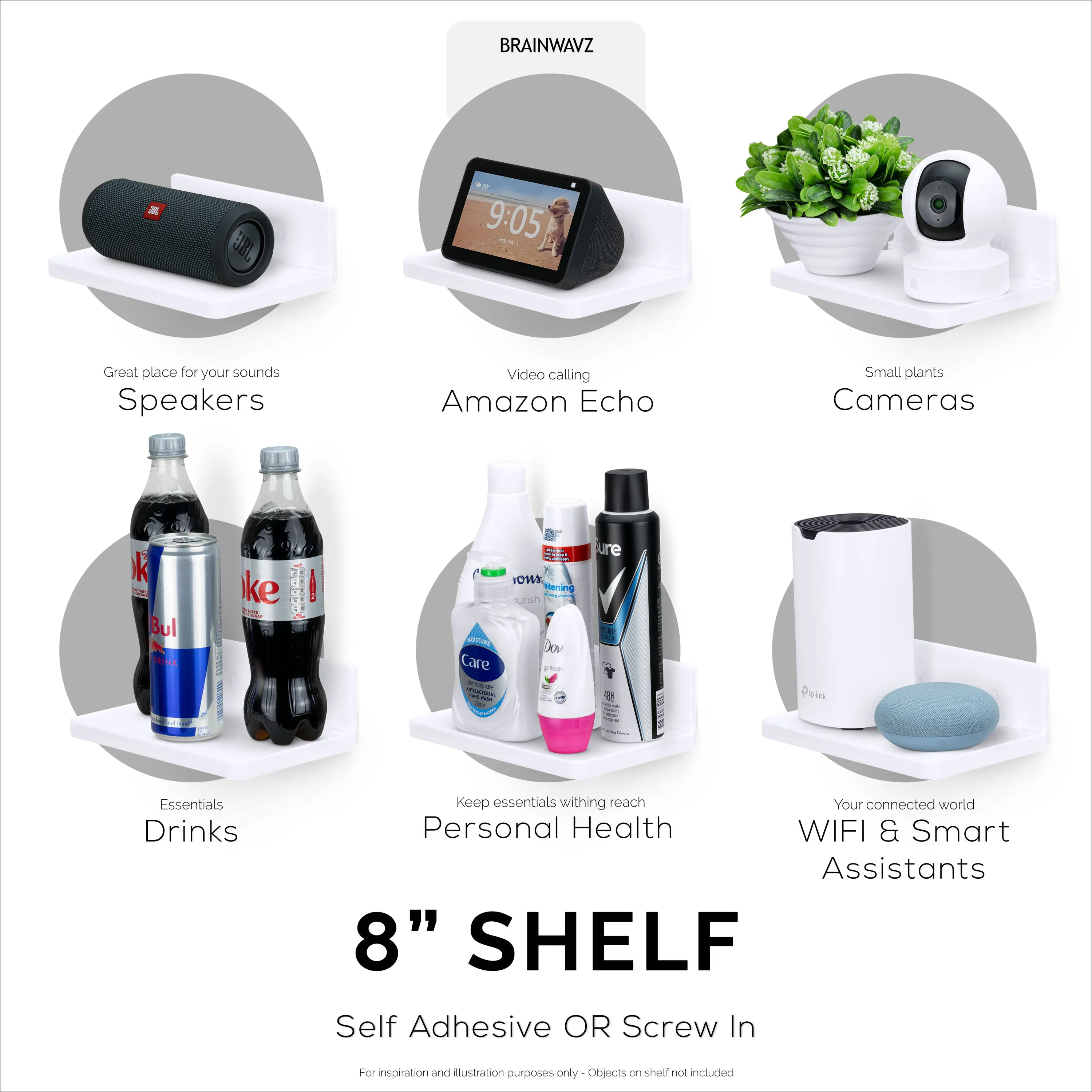 8 Shelf Wall Mount for Speakers, Security Cameras, Baby Monitors, Plants Toys & More, Floating Shelves, Adhesive & Screw-In
