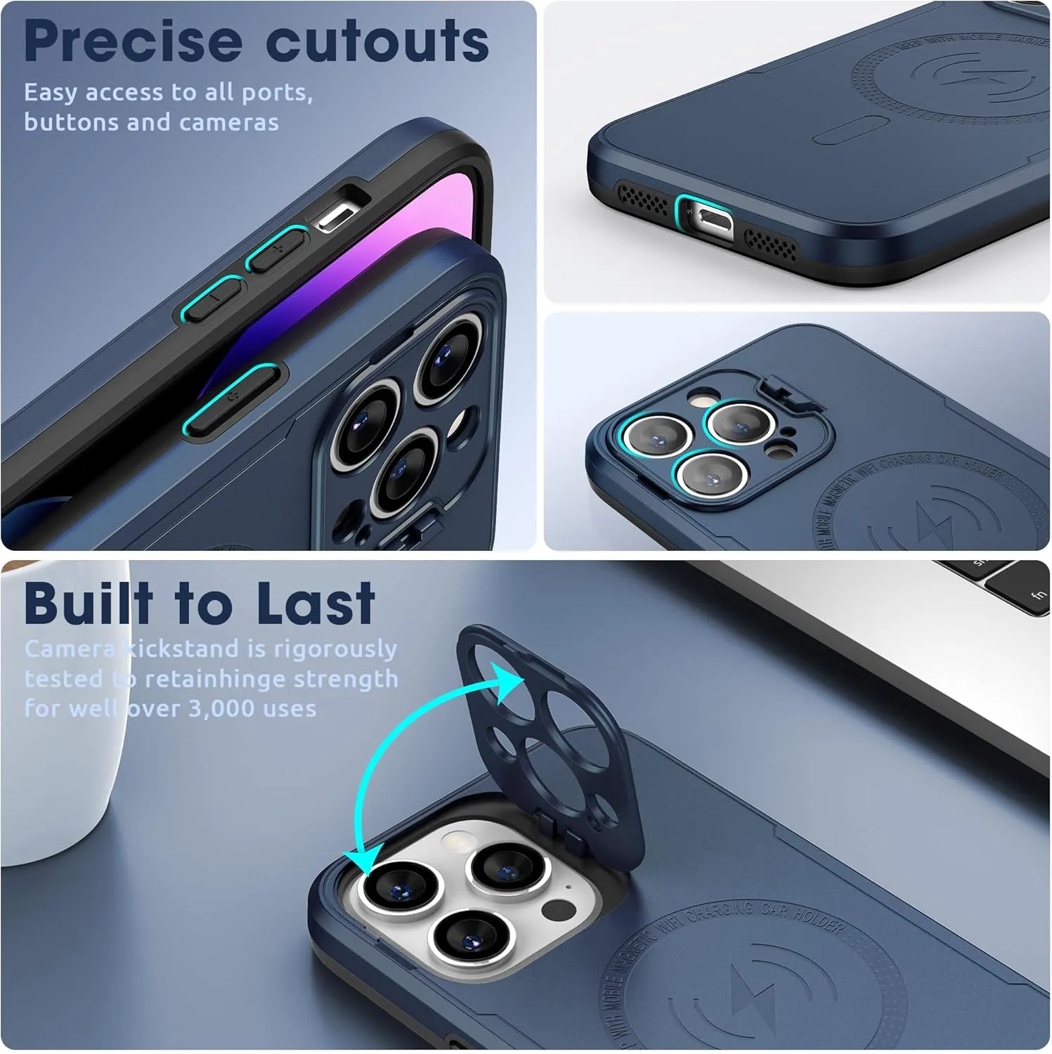 ABITKU Magnetic Phone Case for iPhone 14 Pro Max - Kickstand, MagSafe & Car Mount Compatible - Rugged Black Case with Screen & Camera Protection - Stylish for Men and Women (Blue)