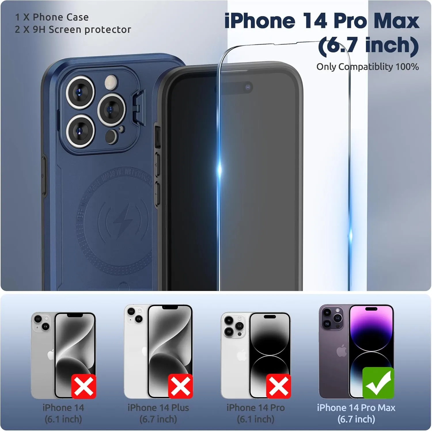 ABITKU Magnetic Phone Case for iPhone 14 Pro Max - Kickstand, MagSafe & Car Mount Compatible - Rugged Black Case with Screen & Camera Protection - Stylish for Men and Women (Blue)