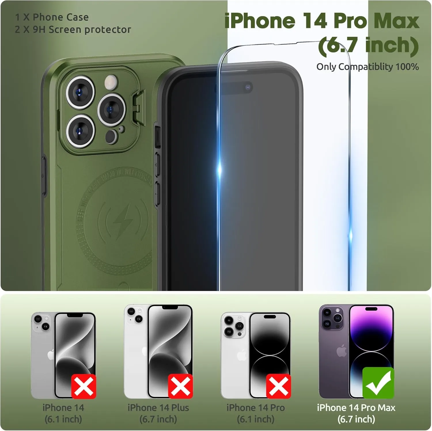 ABITKU Magnetic Phone Case for iPhone 14 Pro Max - Kickstand, MagSafe & Car Mount Compatible - Rugged Black Case with Screen & Camera Protection - Stylish for Men and Women (Green)