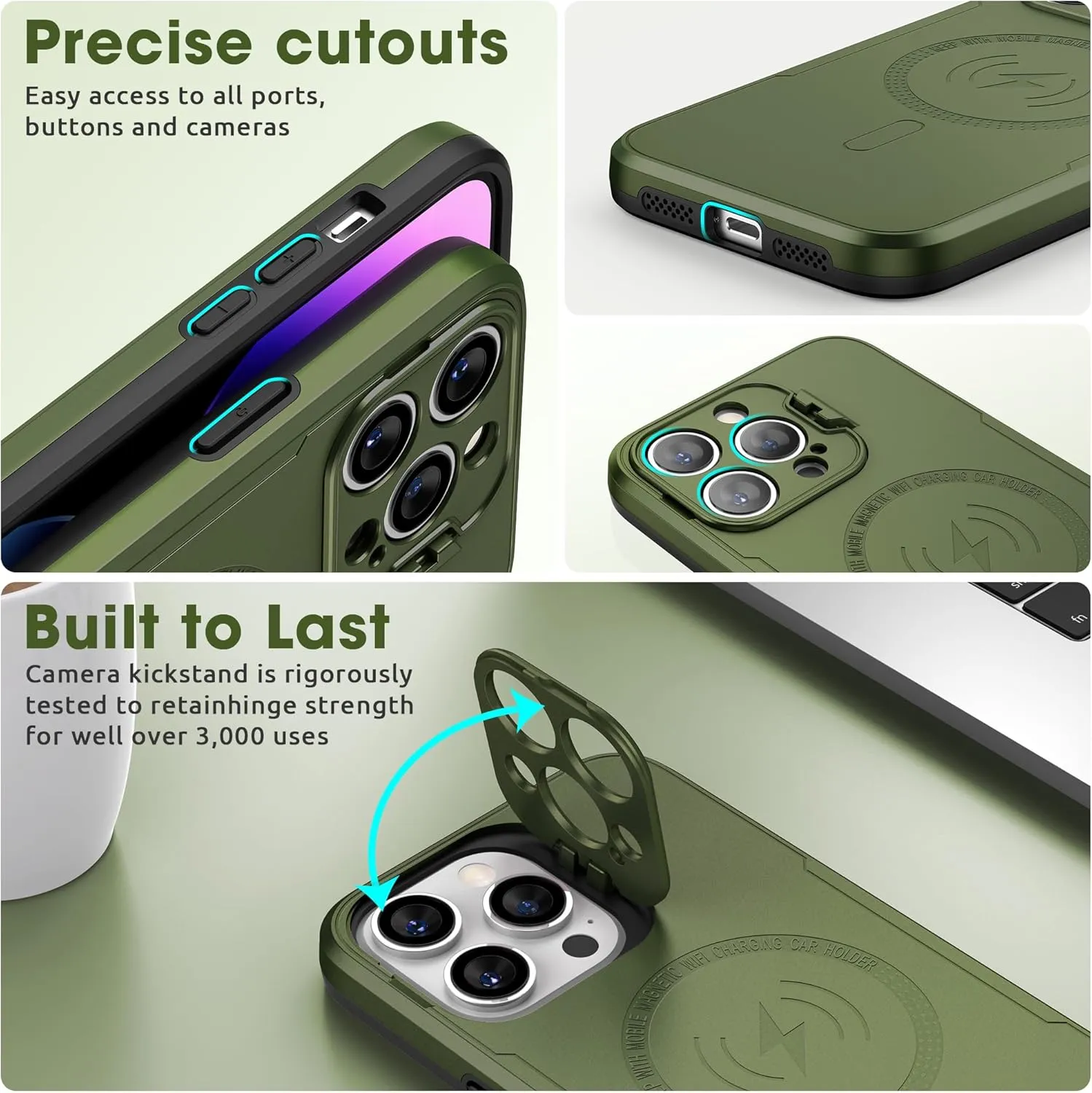 ABITKU Magnetic Phone Case for iPhone 14 Pro Max - Kickstand, MagSafe & Car Mount Compatible - Rugged Black Case with Screen & Camera Protection - Stylish for Men and Women (Green)