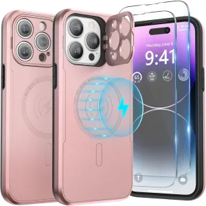 ABITKU Magnetic Phone Case for iPhone 14 Pro Max - Kickstand, MagSafe & Car Mount Compatible - Rugged Black Case with Screen & Camera Protection - Stylish for Men and Women (Pink)