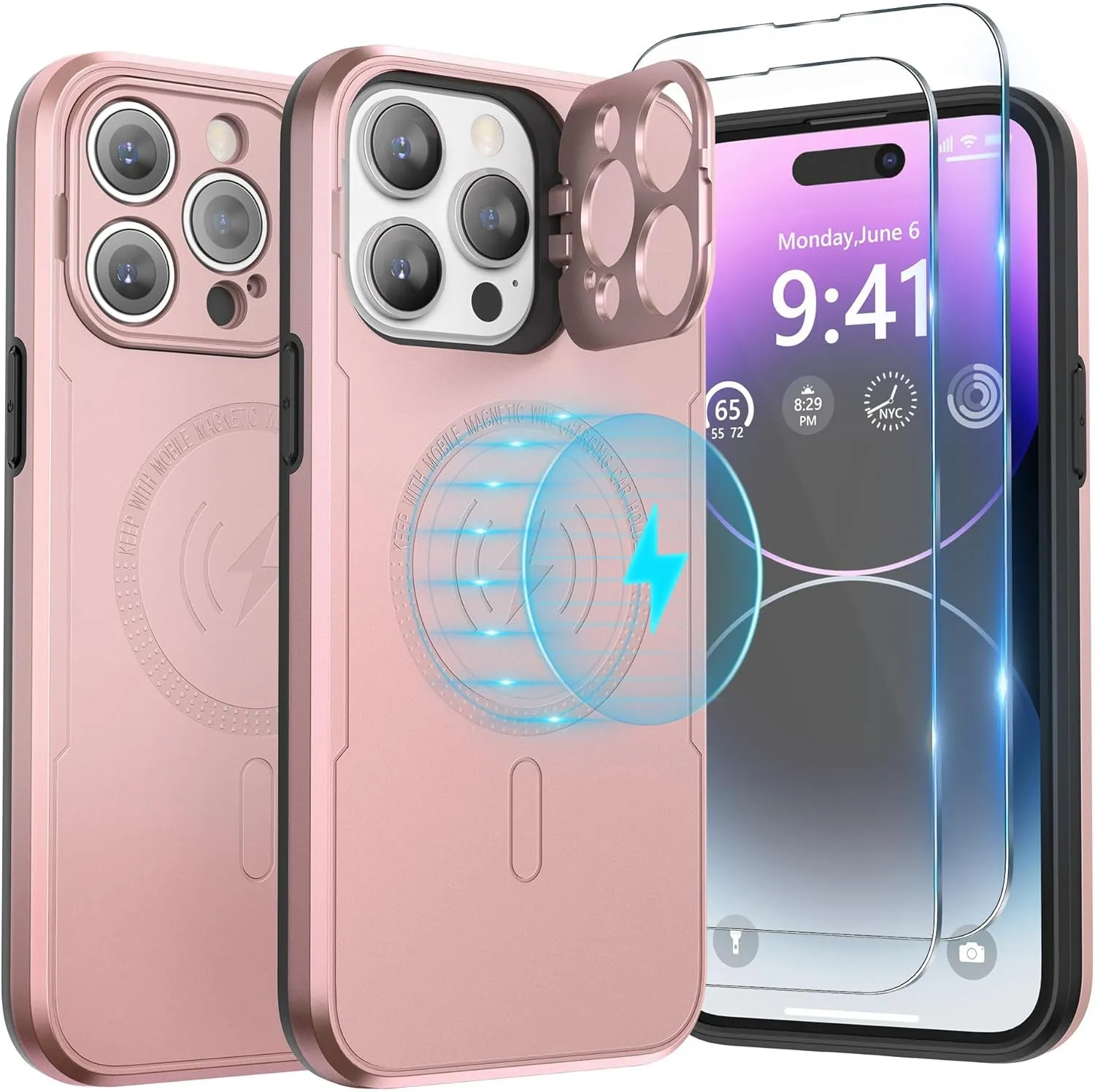 ABITKU Magnetic Phone Case for iPhone 14 Pro Max - Kickstand, MagSafe & Car Mount Compatible - Rugged Black Case with Screen & Camera Protection - Stylish for Men and Women (Pink)