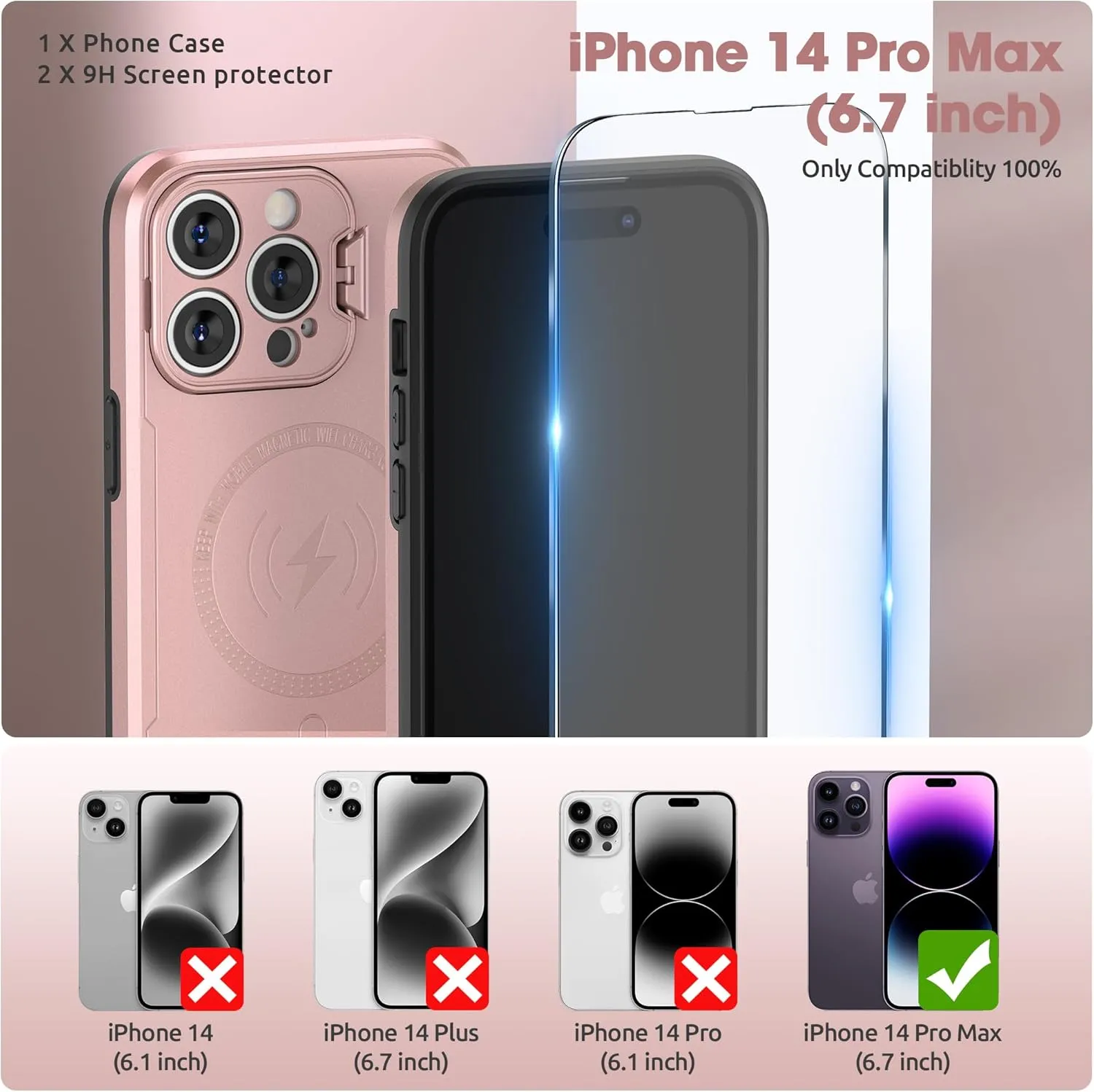ABITKU Magnetic Phone Case for iPhone 14 Pro Max - Kickstand, MagSafe & Car Mount Compatible - Rugged Black Case with Screen & Camera Protection - Stylish for Men and Women (Pink)