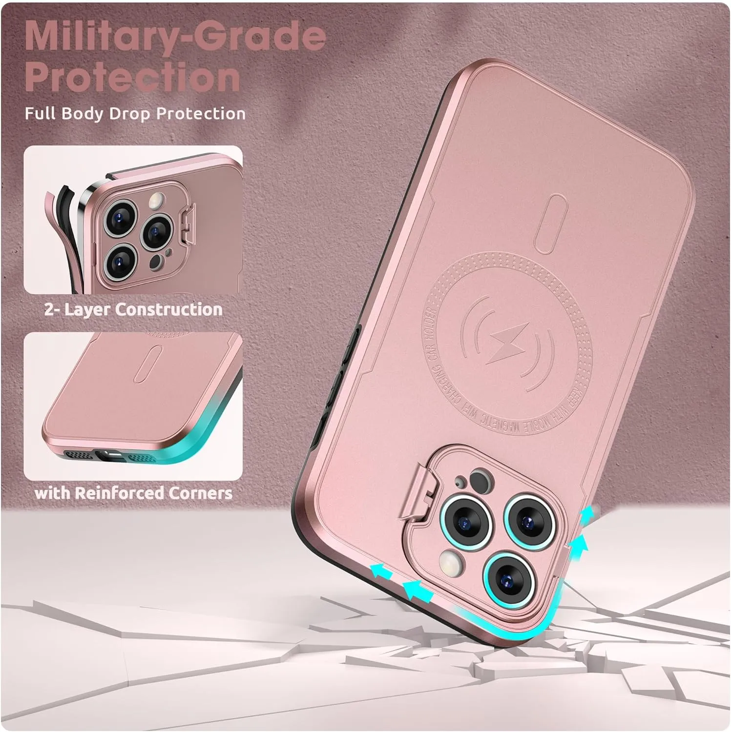 ABITKU Magnetic Phone Case for iPhone 14 Pro Max - Kickstand, MagSafe & Car Mount Compatible - Rugged Black Case with Screen & Camera Protection - Stylish for Men and Women (Pink)