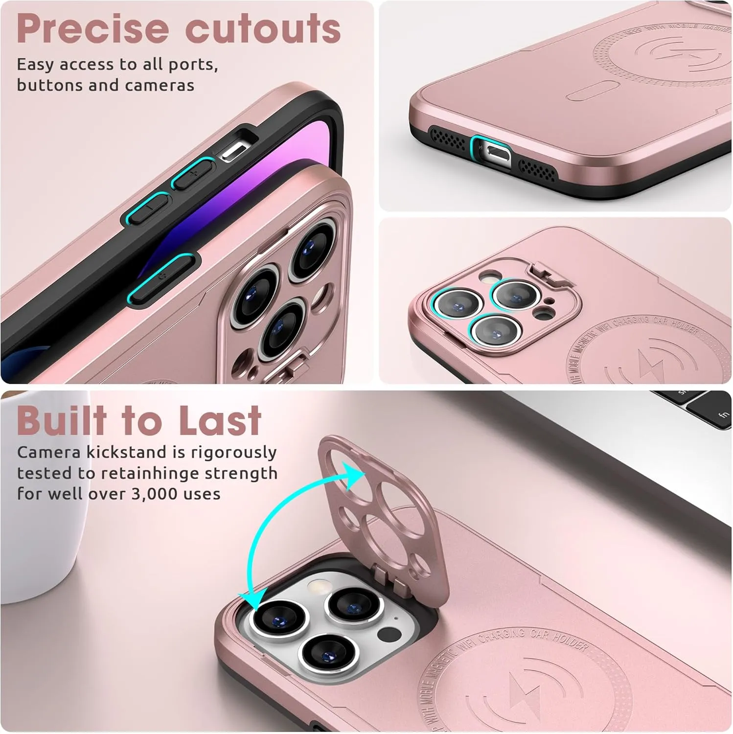 ABITKU Magnetic Phone Case for iPhone 14 Pro Max - Kickstand, MagSafe & Car Mount Compatible - Rugged Black Case with Screen & Camera Protection - Stylish for Men and Women (Pink)