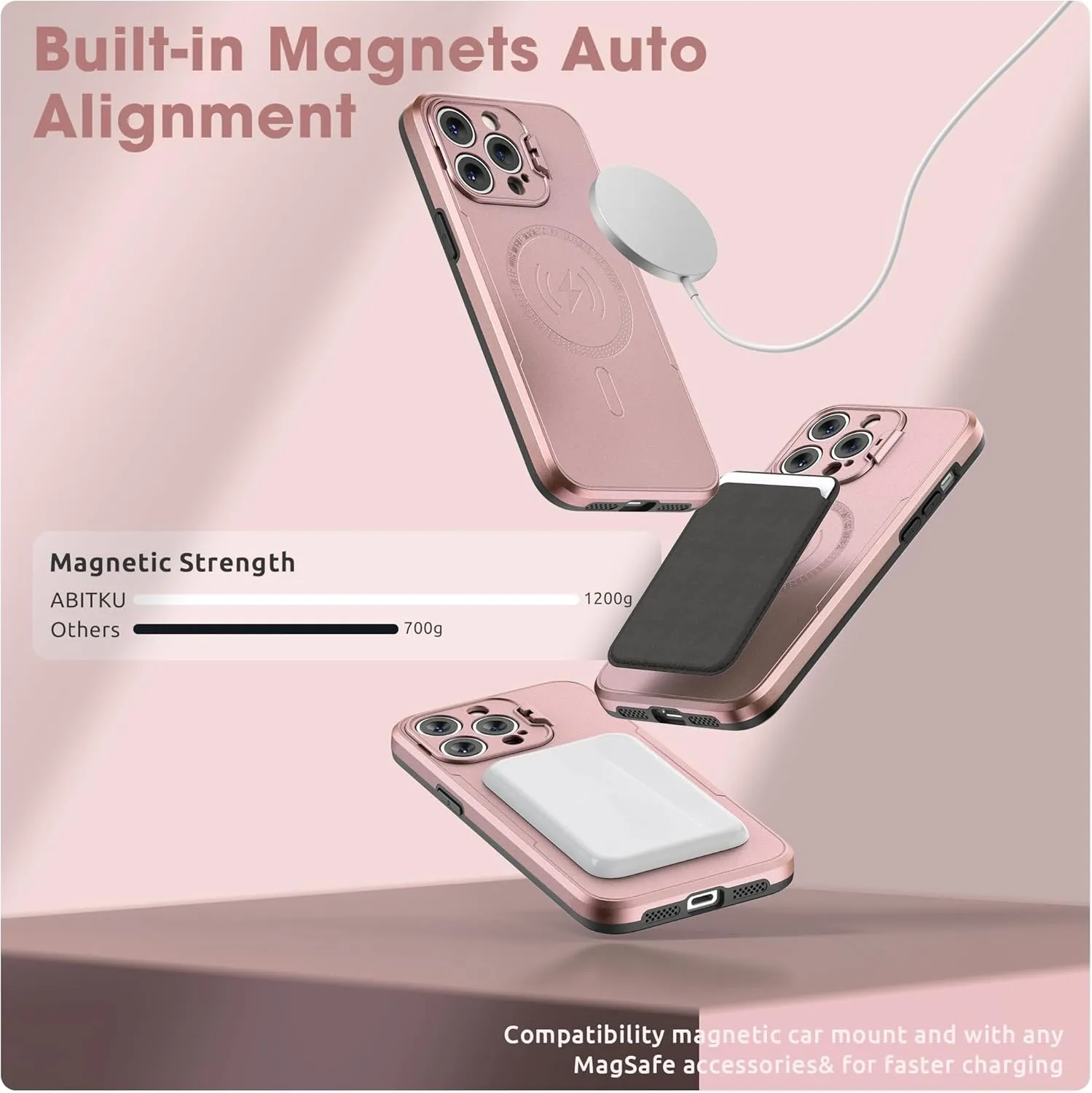 ABITKU Magnetic Phone Case for iPhone 14 Pro Max - Kickstand, MagSafe & Car Mount Compatible - Rugged Black Case with Screen & Camera Protection - Stylish for Men and Women (Pink)