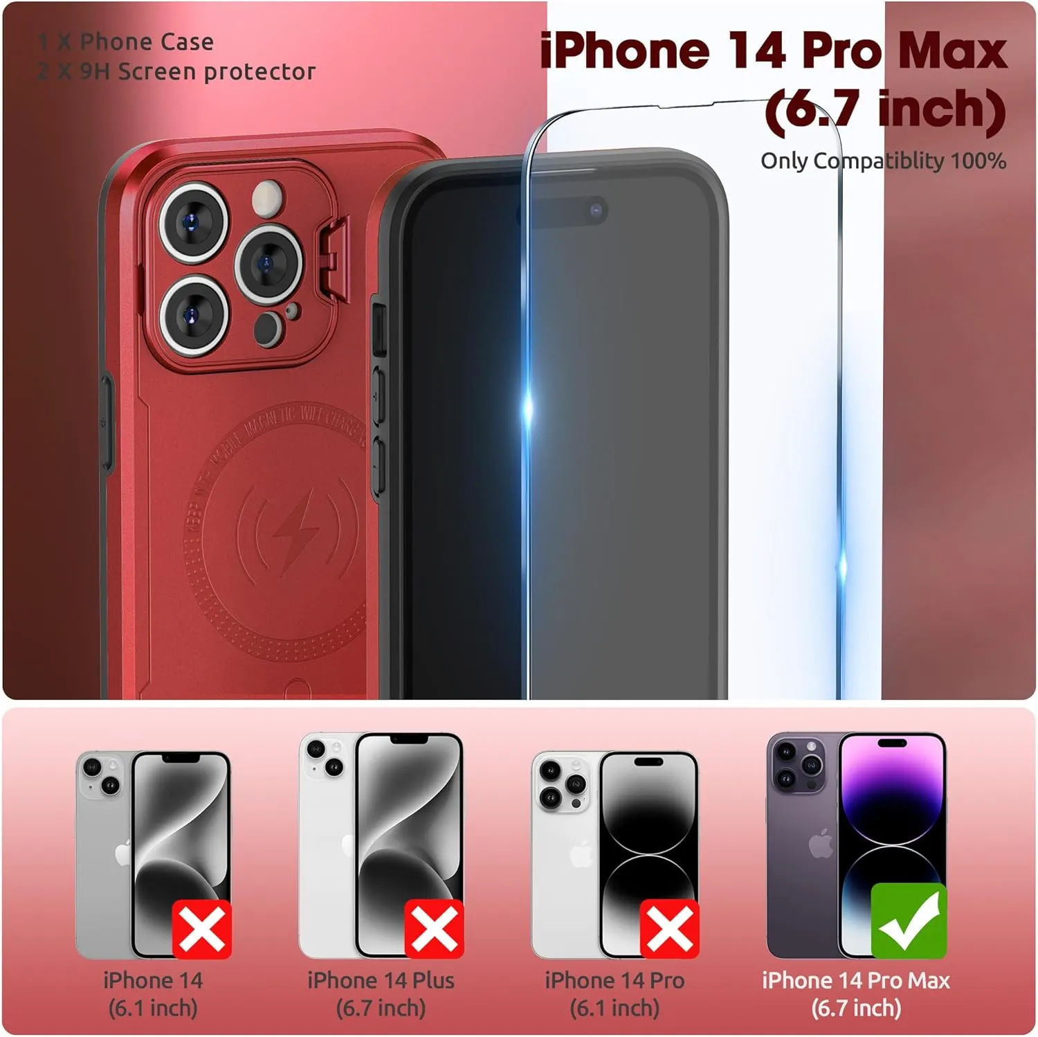 ABITKU Magnetic Phone Case for iPhone 14 Pro Max - Kickstand, MagSafe & Car Mount Compatible - Rugged Black Case with Screen & Camera Protection - Stylish for Men and Women (Red)