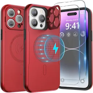 ABITKU Magnetic Phone Case for iPhone 14 Pro Max - Kickstand, MagSafe & Car Mount Compatible - Rugged Black Case with Screen & Camera Protection - Stylish for Men and Women (Red)