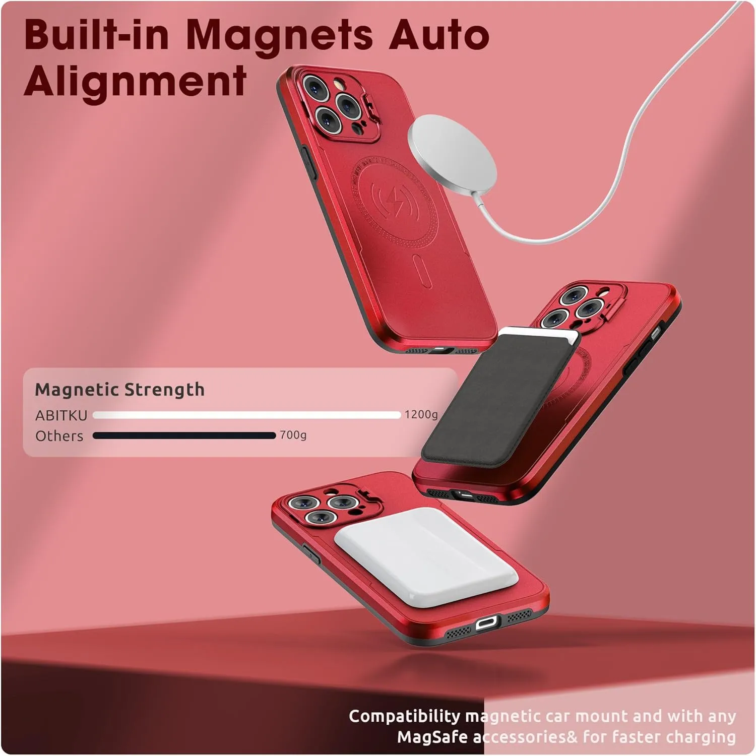 ABITKU Magnetic Phone Case for iPhone 14 Pro Max - Kickstand, MagSafe & Car Mount Compatible - Rugged Black Case with Screen & Camera Protection - Stylish for Men and Women (Red)