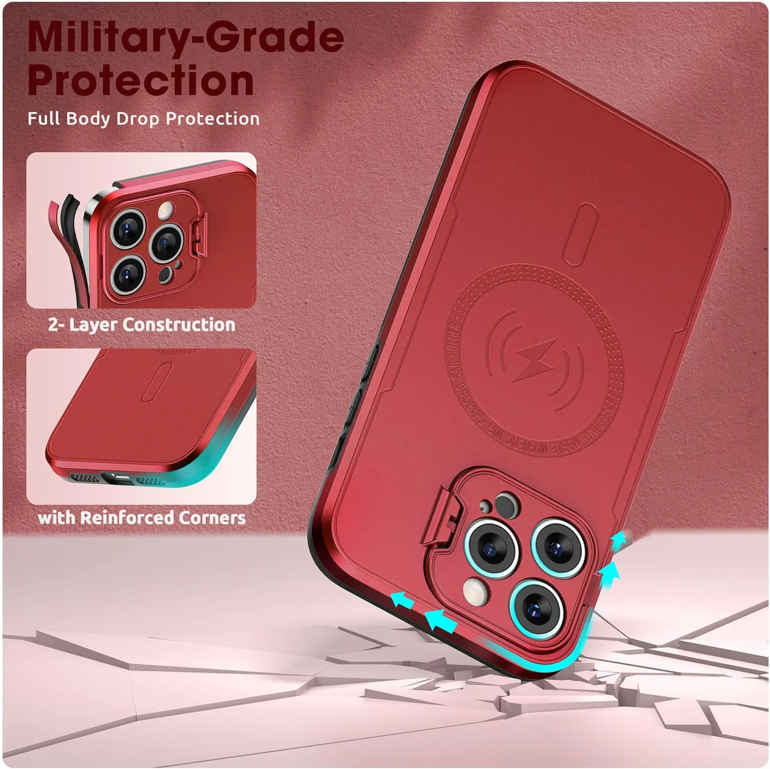 ABITKU Magnetic Phone Case for iPhone 14 Pro Max - Kickstand, MagSafe & Car Mount Compatible - Rugged Black Case with Screen & Camera Protection - Stylish for Men and Women (Red)