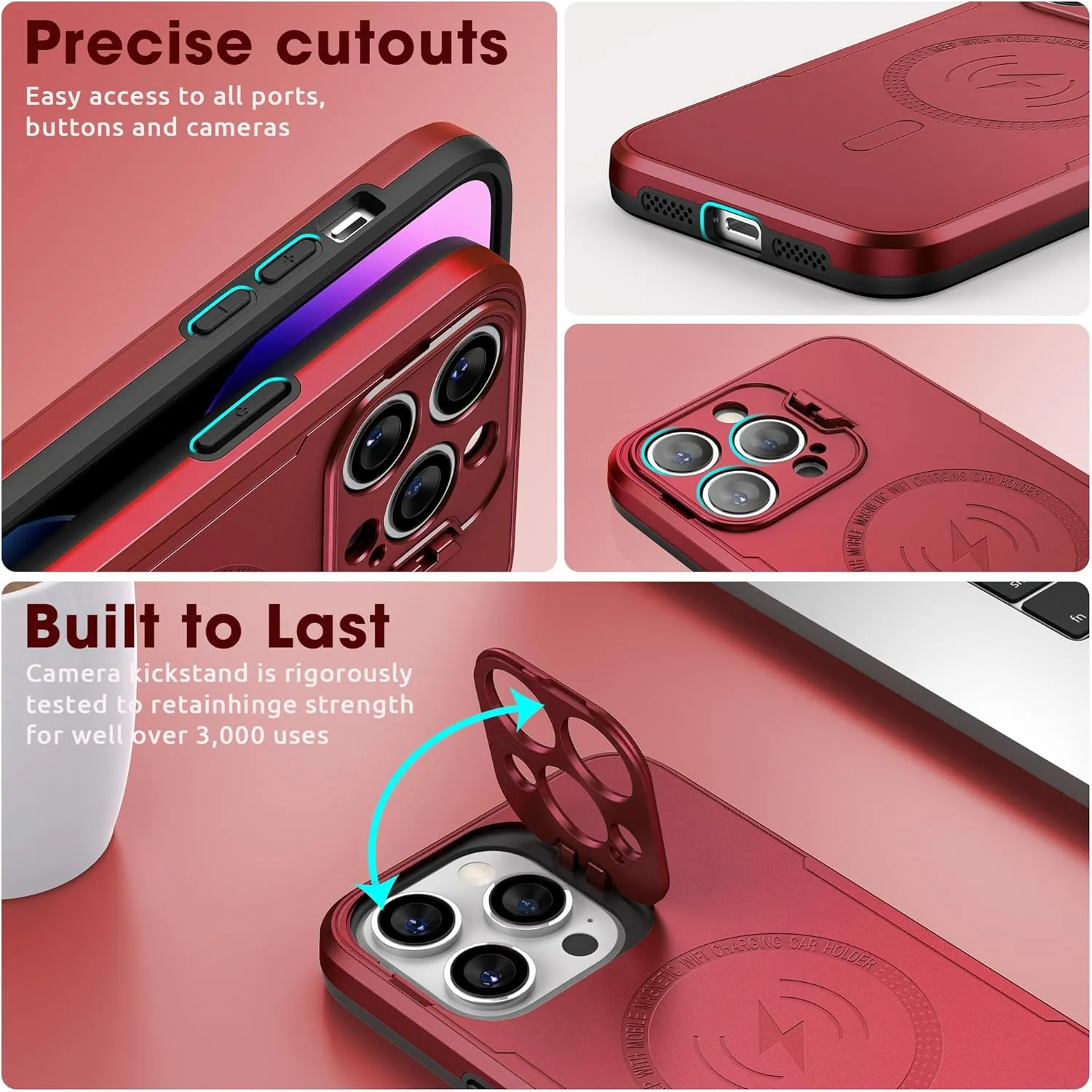 ABITKU Magnetic Phone Case for iPhone 14 Pro Max - Kickstand, MagSafe & Car Mount Compatible - Rugged Black Case with Screen & Camera Protection - Stylish for Men and Women (Red)
