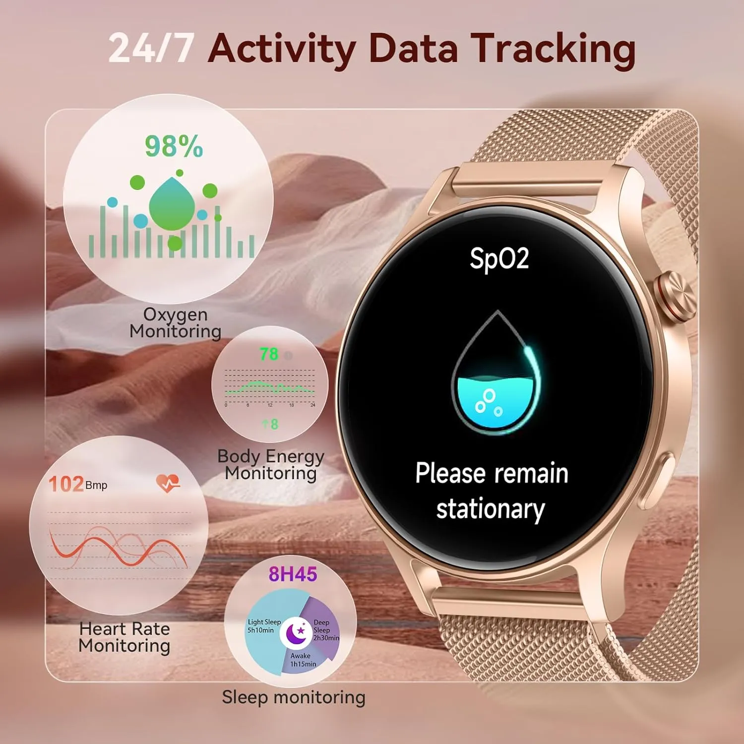 aeac Smart Watch for Women, AMOLED Ultra-Clear Screen Activity Trackers with Heart Rate/Sleep/SpO2 Monitor, Smartwatch for iPhone/Samsung/Android, 110  Sport Modes (Gold, S/M/L, Gold)
