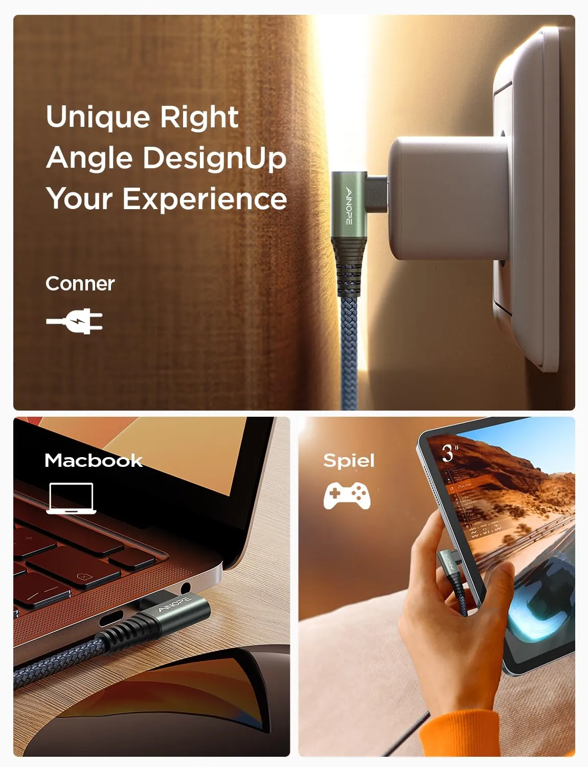 AINOPE USB C Extension Cable 3FT, 20Gbps USB 3.2 Gen2 Right Angle USB Type C Extender Cable, 100W Fast Charging & 4K Video, Compatible with MacBook/iPad Pro/Dell XPS/PSVR2/USB-C Hub/MagSafe Charger,1M