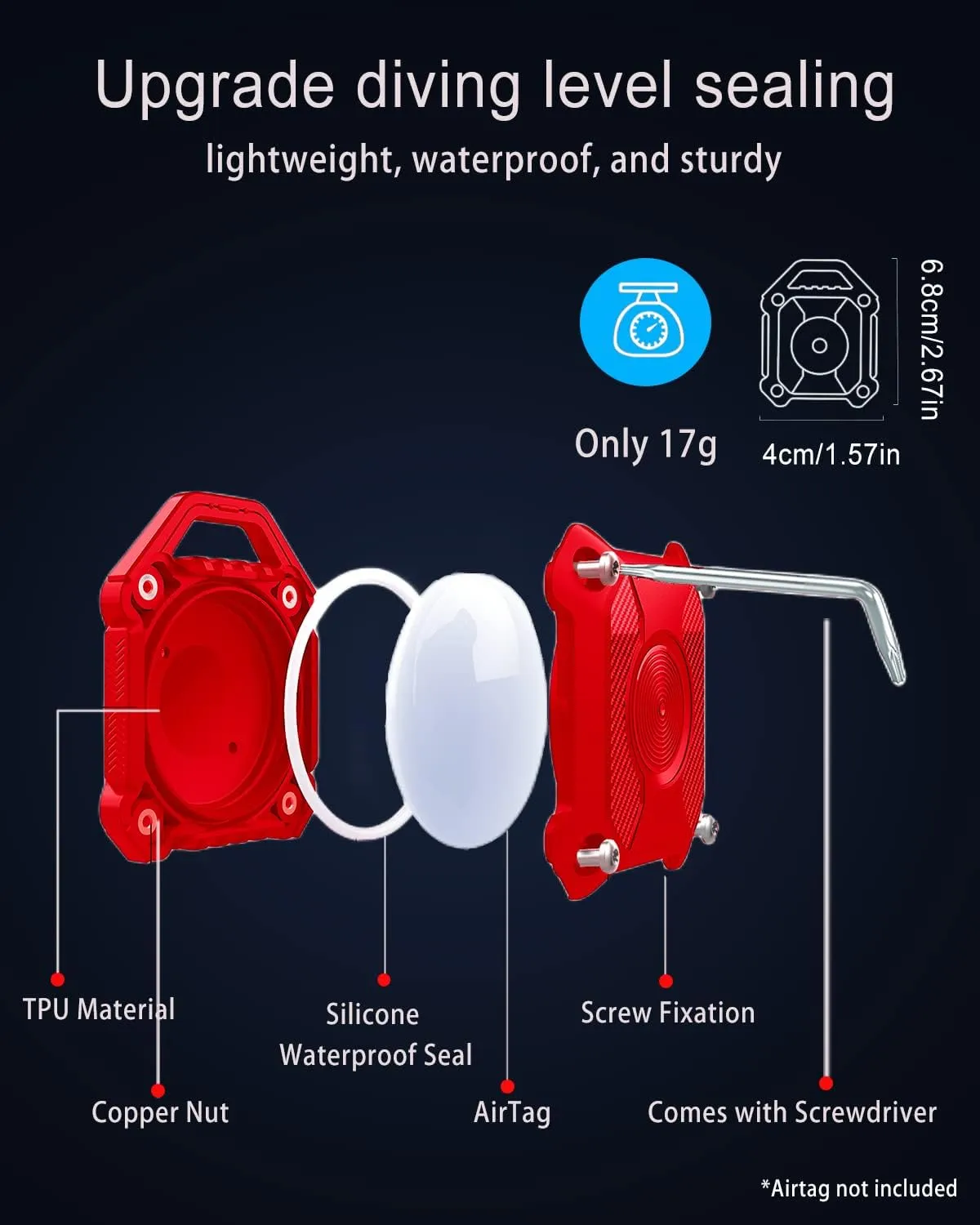 Airtag Holder 2 Pack,IP68 Waterproof Air Tag. Holder Keychain,Hard TPU Airtag Keychain, 360 Full Protection, Apple Tag Holder with Key Ring,Airtag Case Compatible Apple Airtag.(Red 2Pack)