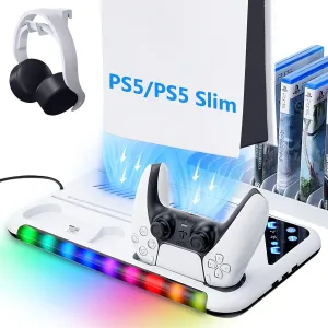 Allnice PS5 Slim Stand and Cooling Station with Controller Charging Station for PlayStation 5, PS5 Accessories with 3 Levels Cooling Fan, RGB LED Light, 3 USB HUBs, Headset Holder, 13 Game Storage