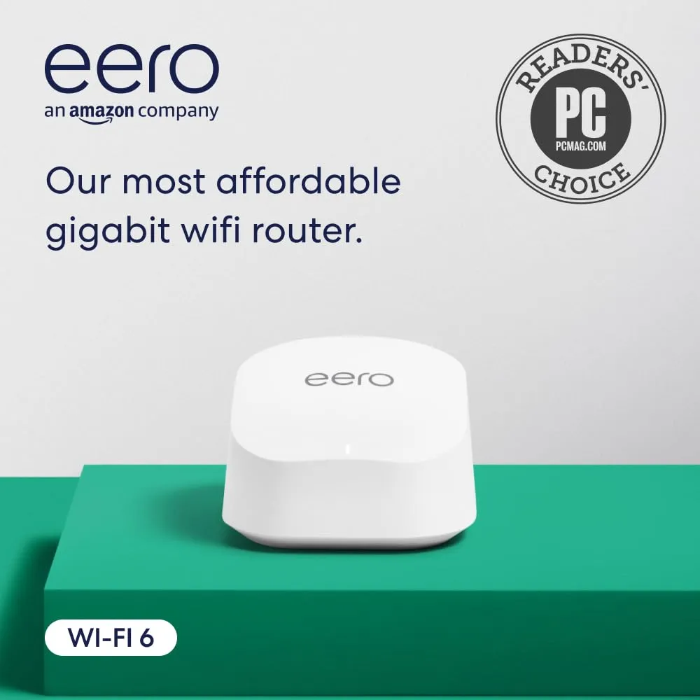 Amazon eero 6  mesh wifi router - Supports internet plans up to a Gigabit, Coverage up to 1,500 sq. ft., Connect 75  devices, 1-pack