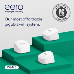Amazon eero 6  mesh wifi system - Supports internet plans up to a Gigabit, Coverage up to 4,500 sq. ft., Connect 75  devices, 3-pack