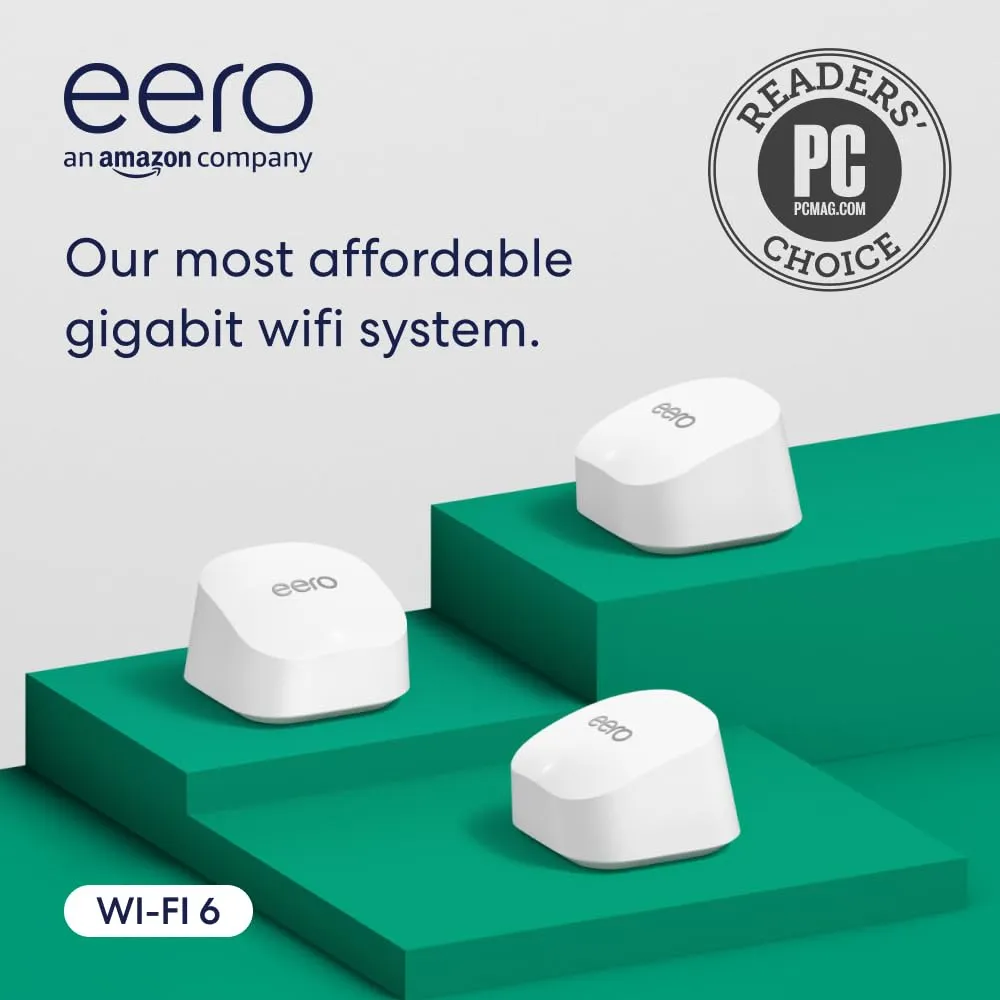 Amazon eero 6  mesh wifi system - Supports internet plans up to a Gigabit, Coverage up to 4,500 sq. ft., Connect 75  devices, 3-pack