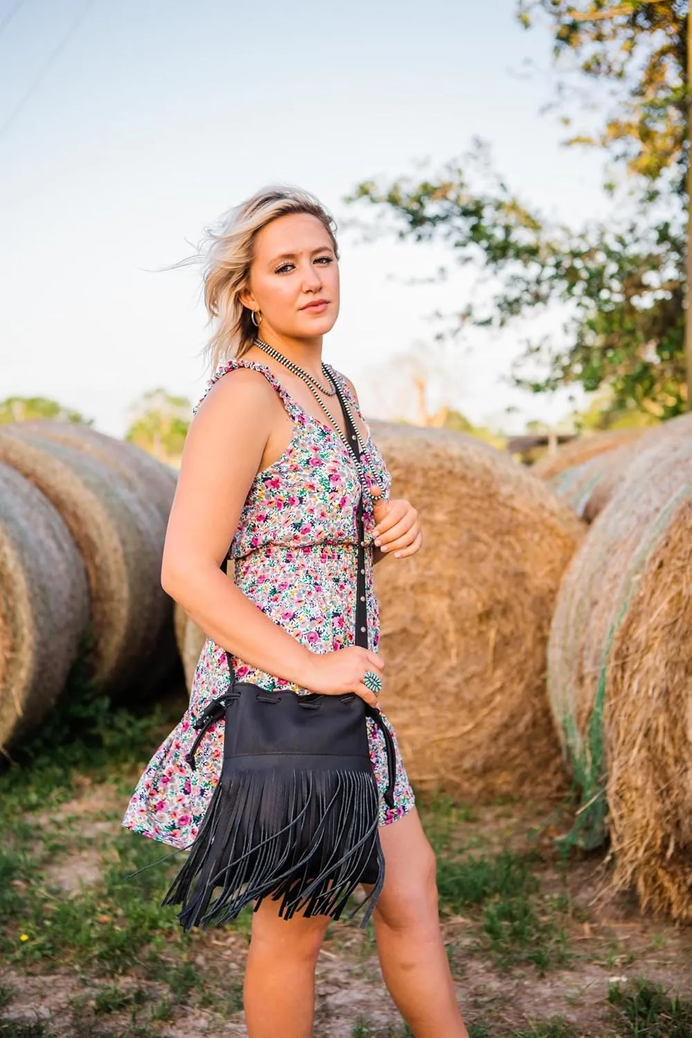 American West Leather Bucket Crossbody With Fringe For Women
