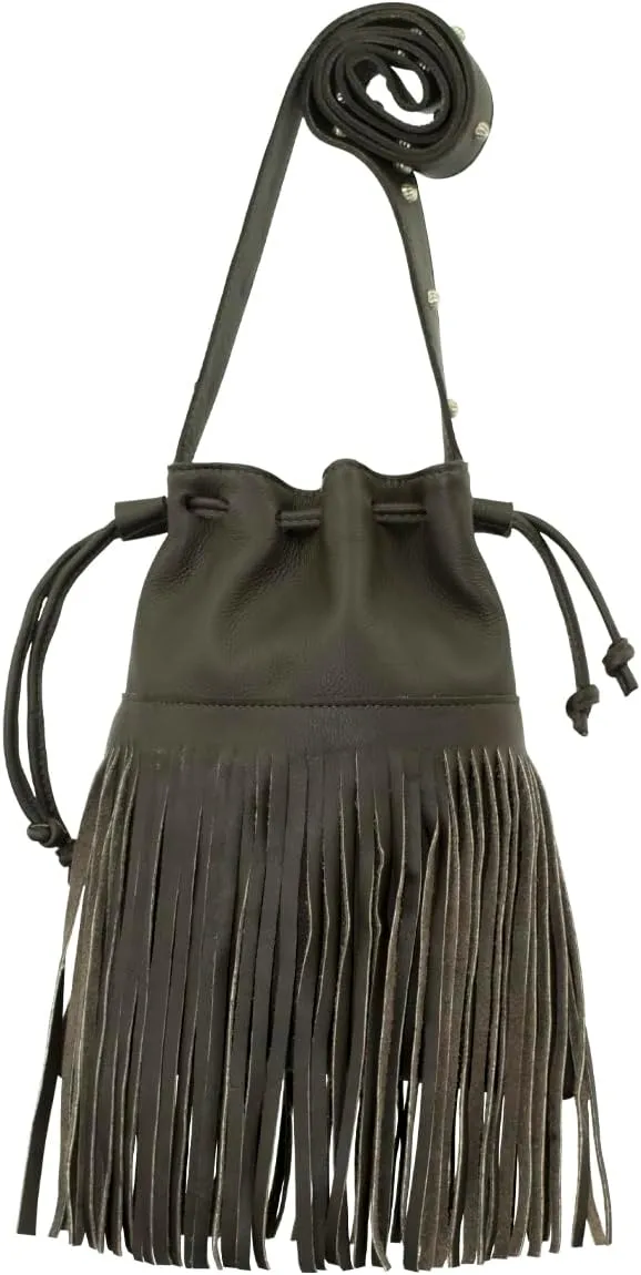 American West Leather Bucket Crossbody With Fringe For Women