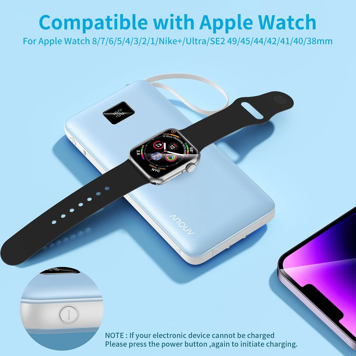 ANOUV Portable Charger with Built-in-Cable&AC Wall Plug& Magnetic Wireless iWatch Charger,10000mAh Power Bank,PD 22.5W Fast Charging Battery Pack Compatible with iPhones and Apple Watch etc.(1 Pack)