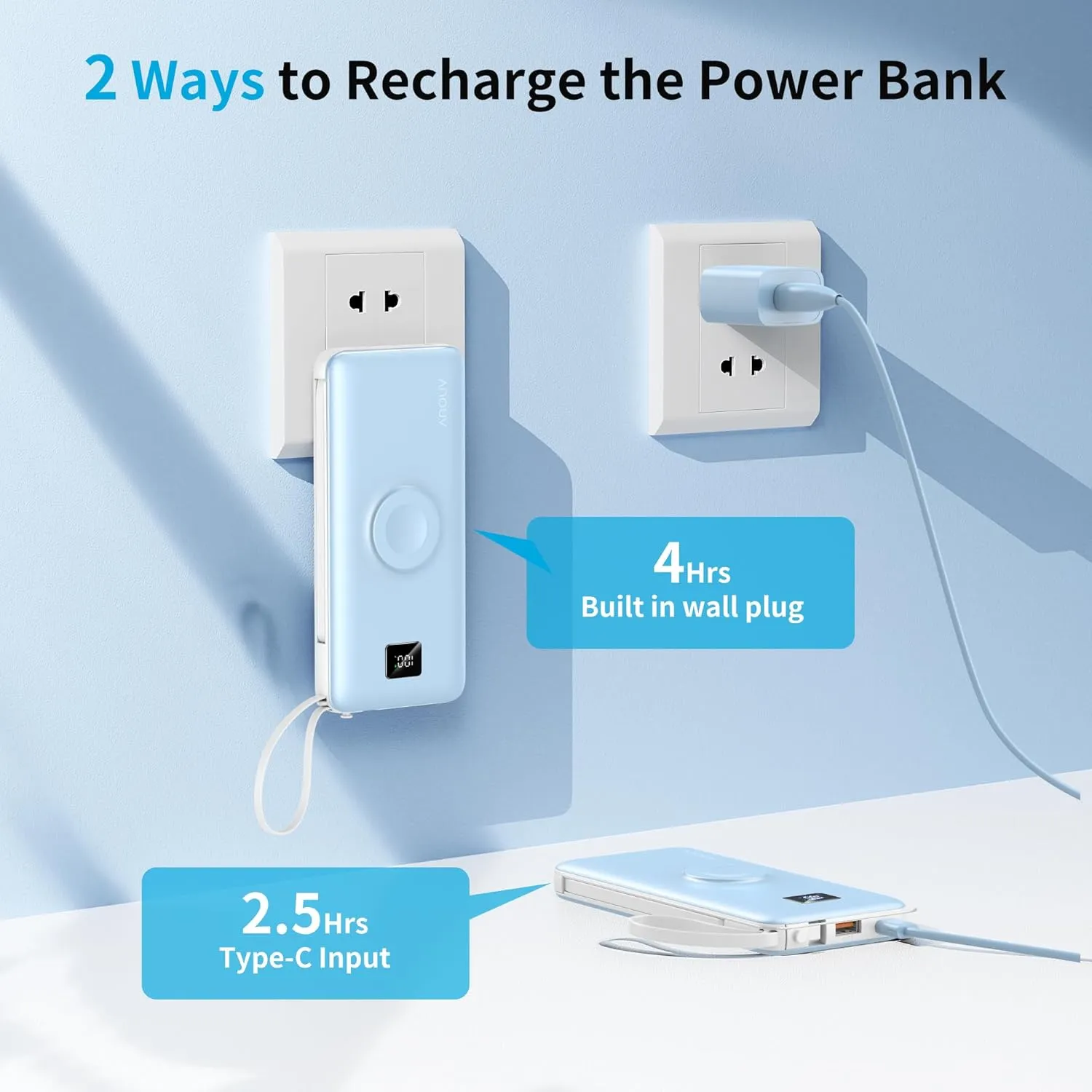ANOUV Portable Charger with Built-in-Cable&AC Wall Plug& Magnetic Wireless iWatch Charger,10000mAh Power Bank,PD 22.5W Fast Charging Battery Pack Compatible with iPhones and Apple Watch etc.(1 Pack)