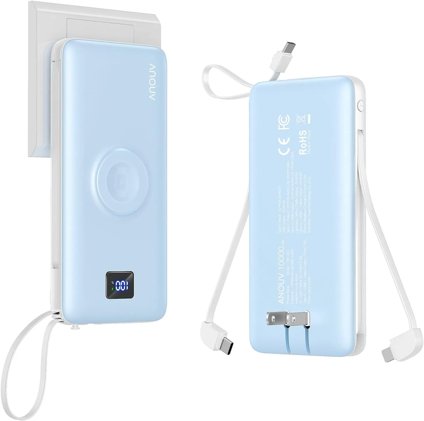 ANOUV Portable Charger with Built-in-Cable&AC Wall Plug& Magnetic Wireless iWatch Charger,10000mAh Power Bank,PD 22.5W Fast Charging Battery Pack Compatible with iPhones and Apple Watch etc.(1 Pack)
