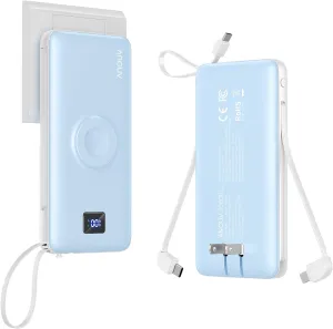 ANOUV Portable Charger with Built-in-Cable&AC Wall Plug& Magnetic Wireless iWatch Charger,10000mAh Power Bank,PD 22.5W Fast Charging Battery Pack Compatible with iPhones and Apple Watch etc.(1 Pack)
