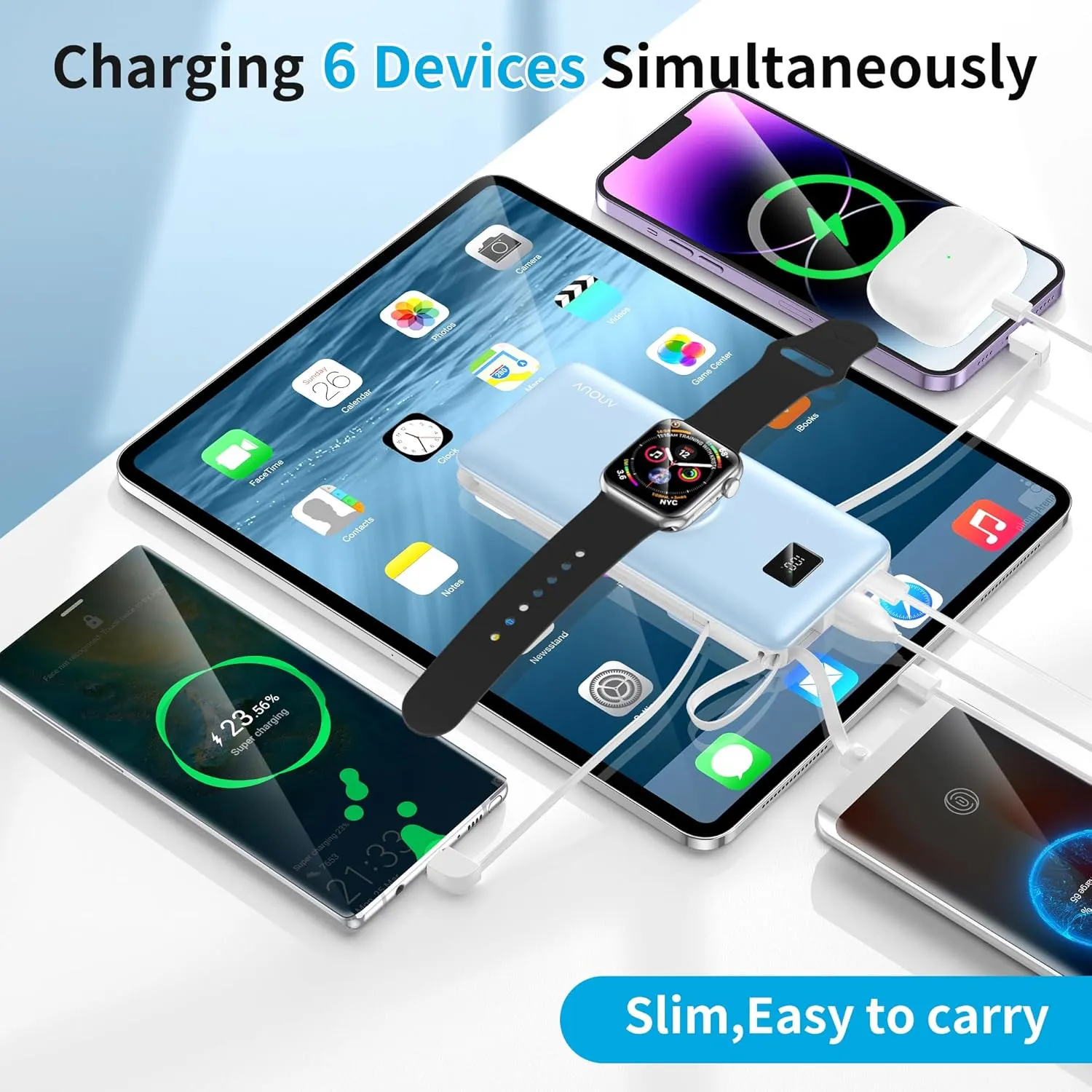 ANOUV Portable Charger with Built-in-Cable&AC Wall Plug& Magnetic Wireless iWatch Charger,10000mAh Power Bank,PD 22.5W Fast Charging Battery Pack Compatible with iPhones and Apple Watch etc.(1 Pack)